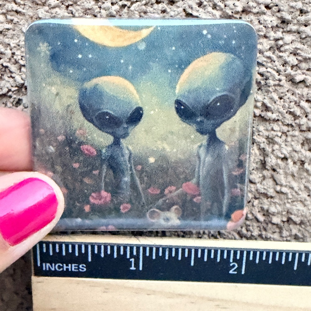 Handmade Gray Alien Couple Pink Flower Field 2 Inch Square Acrylic Magnet